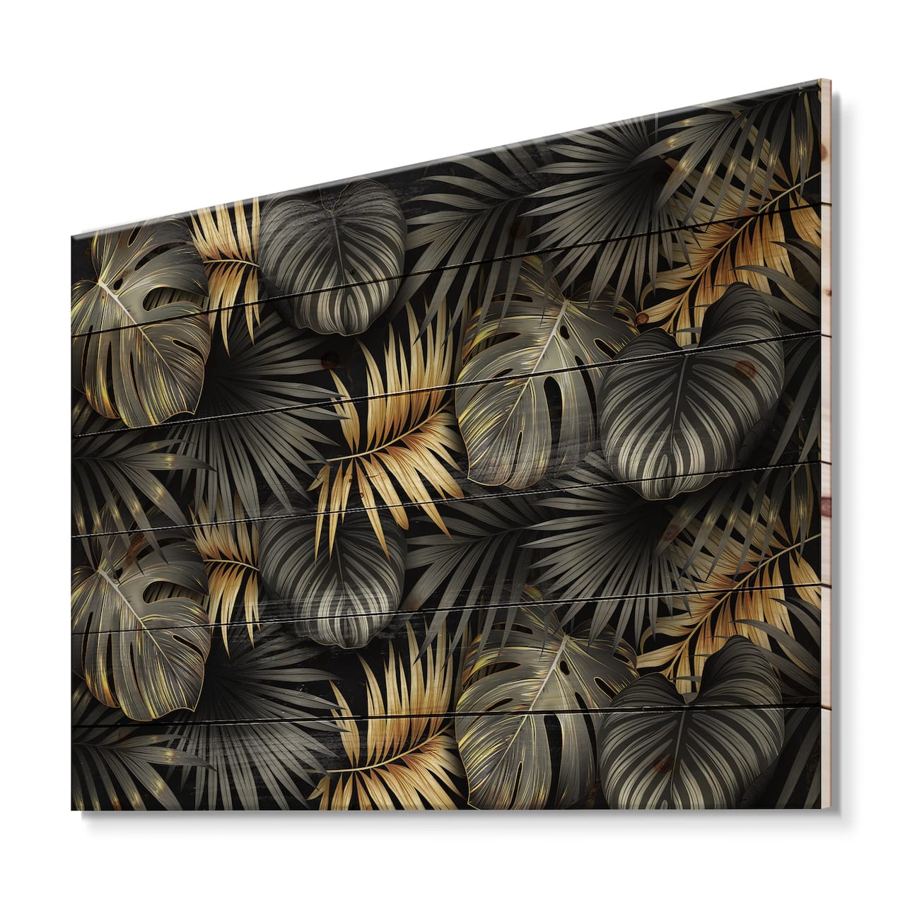 Designart - Black and Gold Tropical Leaves II - Modern Print on Natural Pine Wood